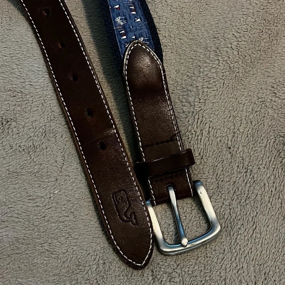 Vineyard Vines Canvas Club Belt Leather Ends Nautical Sailboats Palm Trees SZ 32